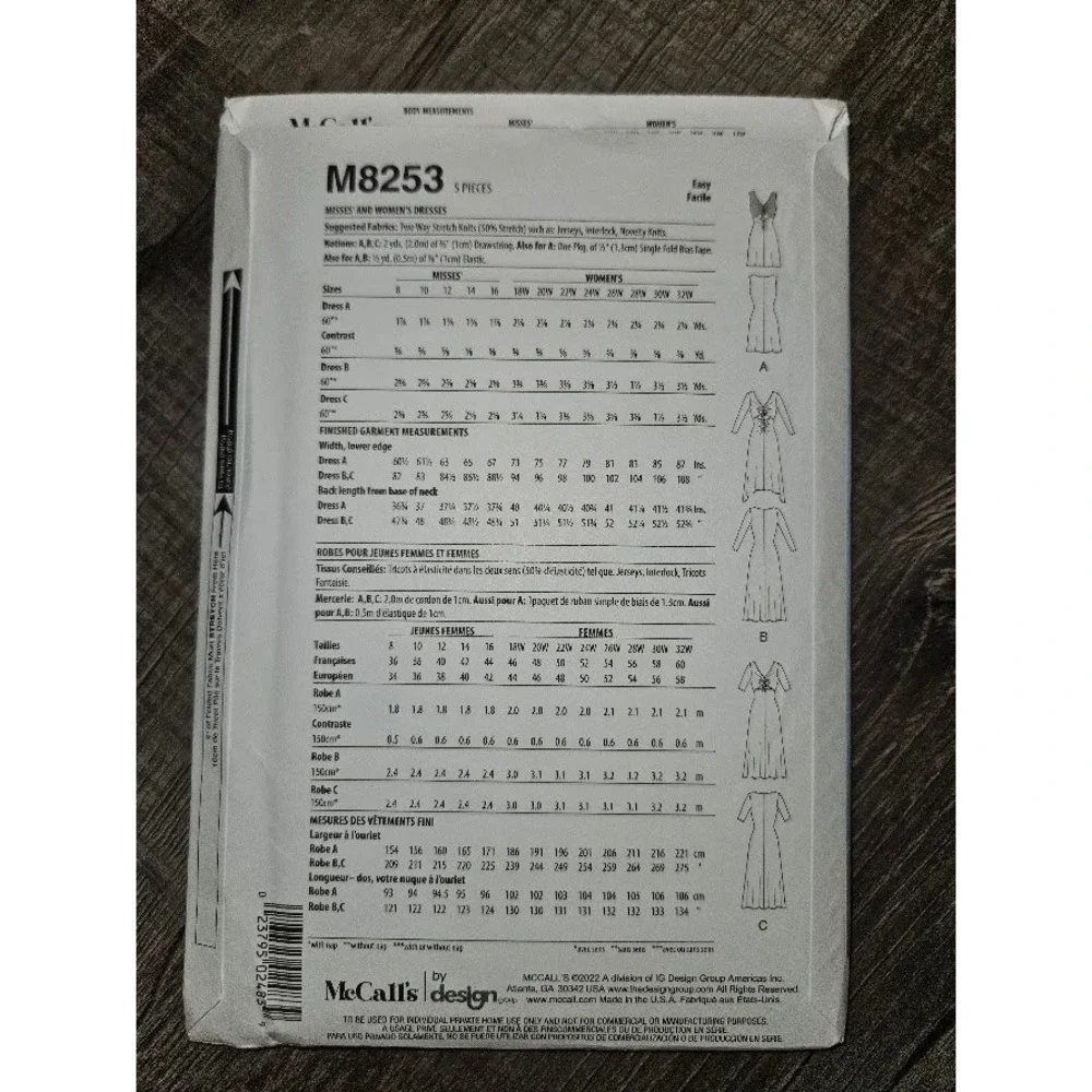McCalls M8253 Sewing Pattern Misses Womens Knit Dresses Sizes 18-24W Uncut